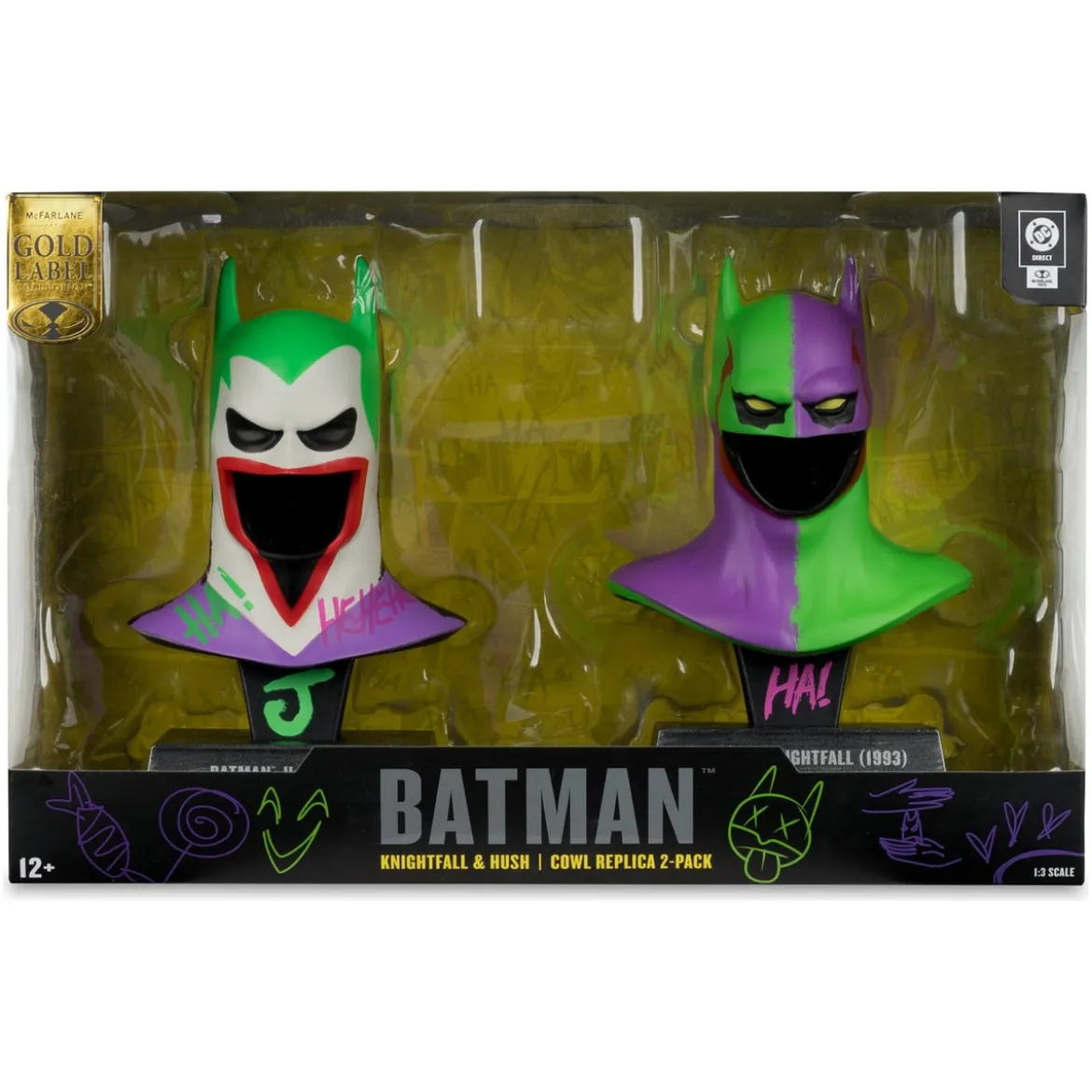 Batman DC Direct Mini-Replik 1/3 2er-Pack Batman Masken Hush & Knightfall (Jokerized) (Gold Label) 18 cm