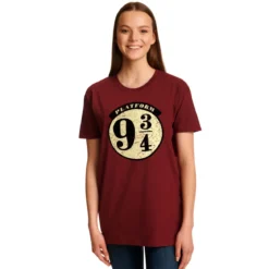 Elbenwald Harry Potter T-Shirt Plattform 9 ¾ Hogwarts Express Distressed Frontprint Damen Herren Baumwolle rot