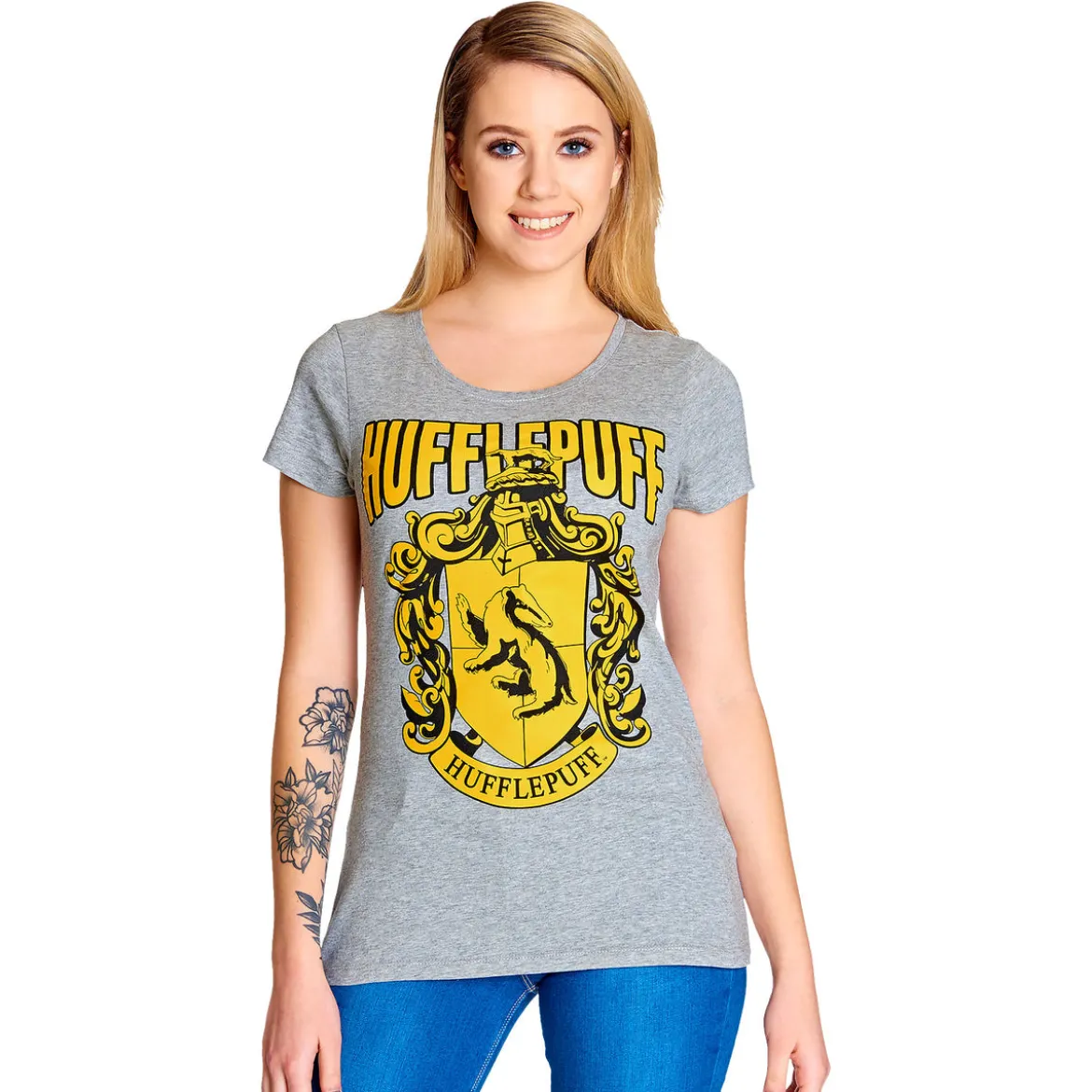 Harry Potter - Hufflepuff Wappen T-Shirt Damen grau