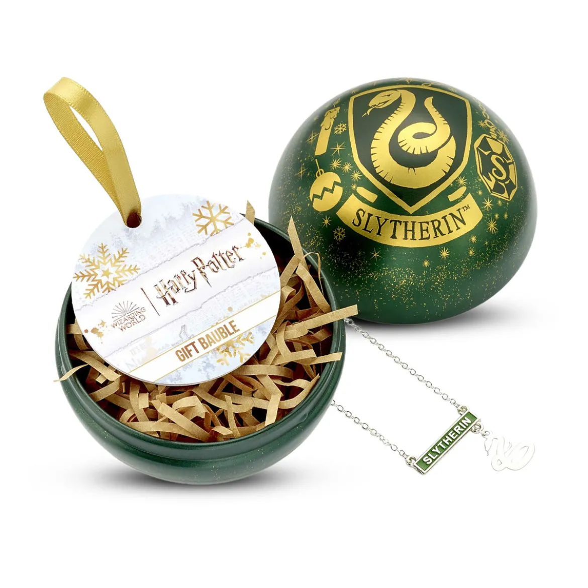 Harry Potter - Weihnachtskugel mit Slytherin Wappen Kette