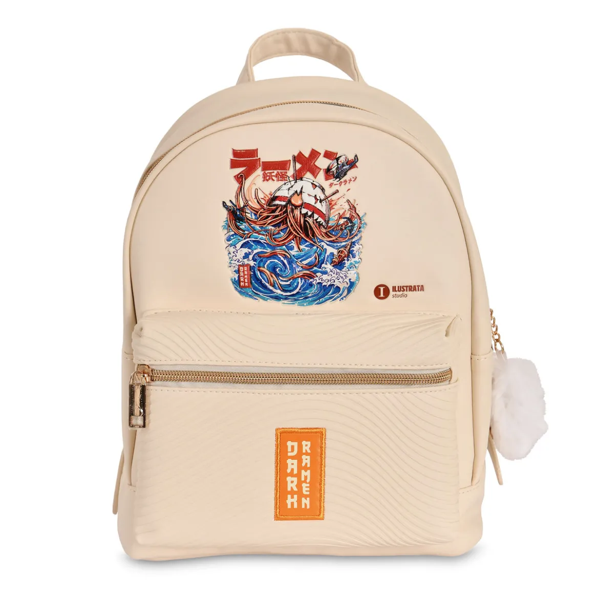 Ilustrata - Dark Ramen Rucksack mit Pom Pom Anhänger beige