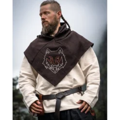 Mittelalter Gugel Tyr mit Wolfsstickerei braun