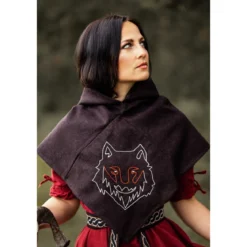 Mittelalter Gugel Tyr mit Wolfsstickerei braun