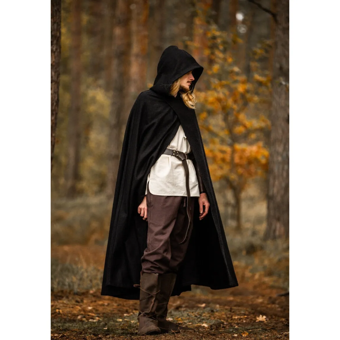 Mittelalter Kapuzenumhang Thorian Wolle schwarz
