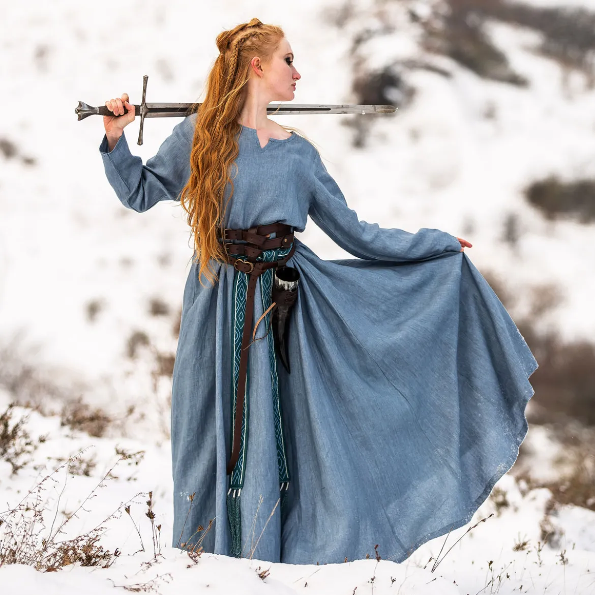 Mittelalter Kleid Leinen blau