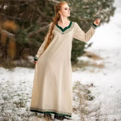 Mittelalter Kleid mit Stickerei beige-grün