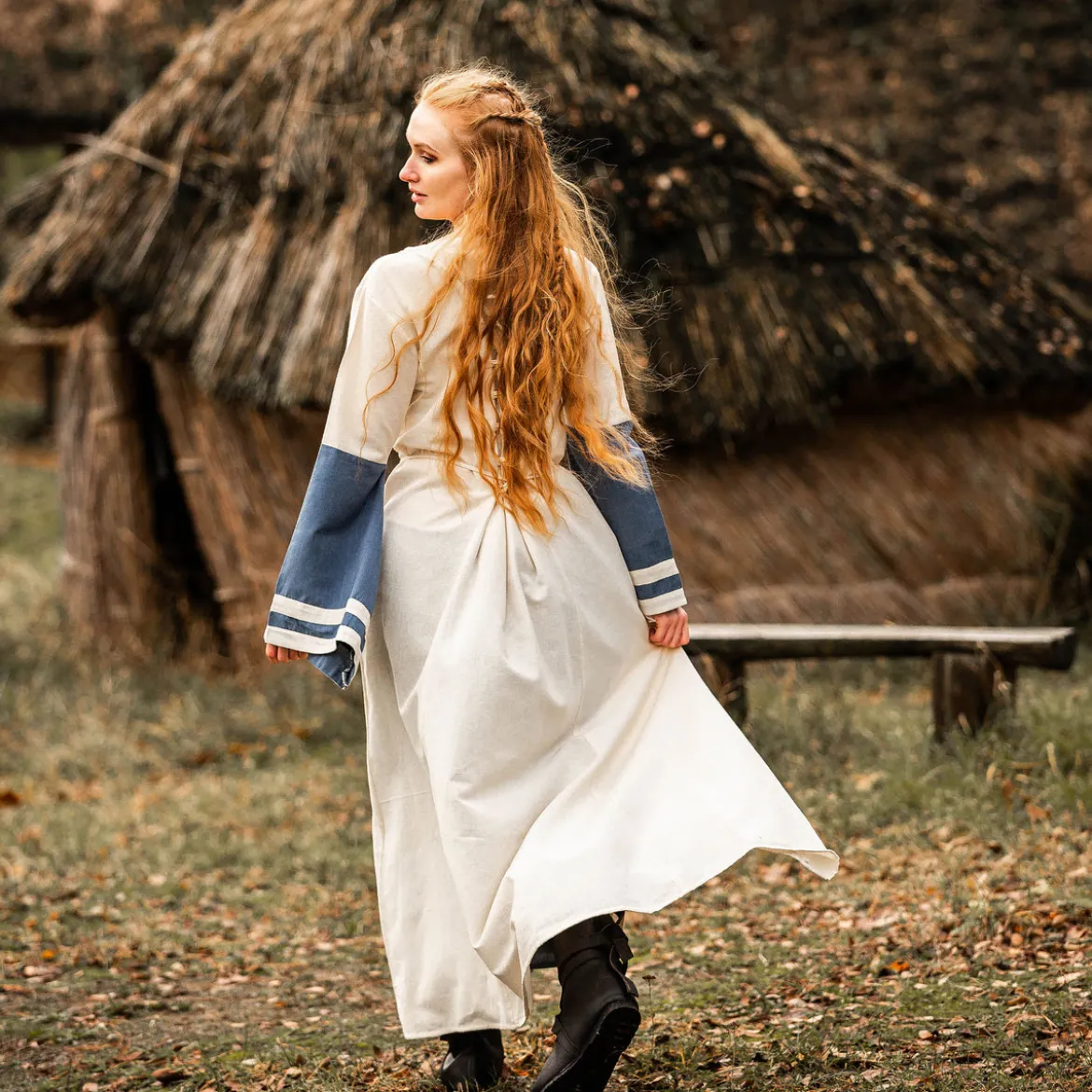 Mittelalter Kleid mit Trompetenärmeln blau-natur