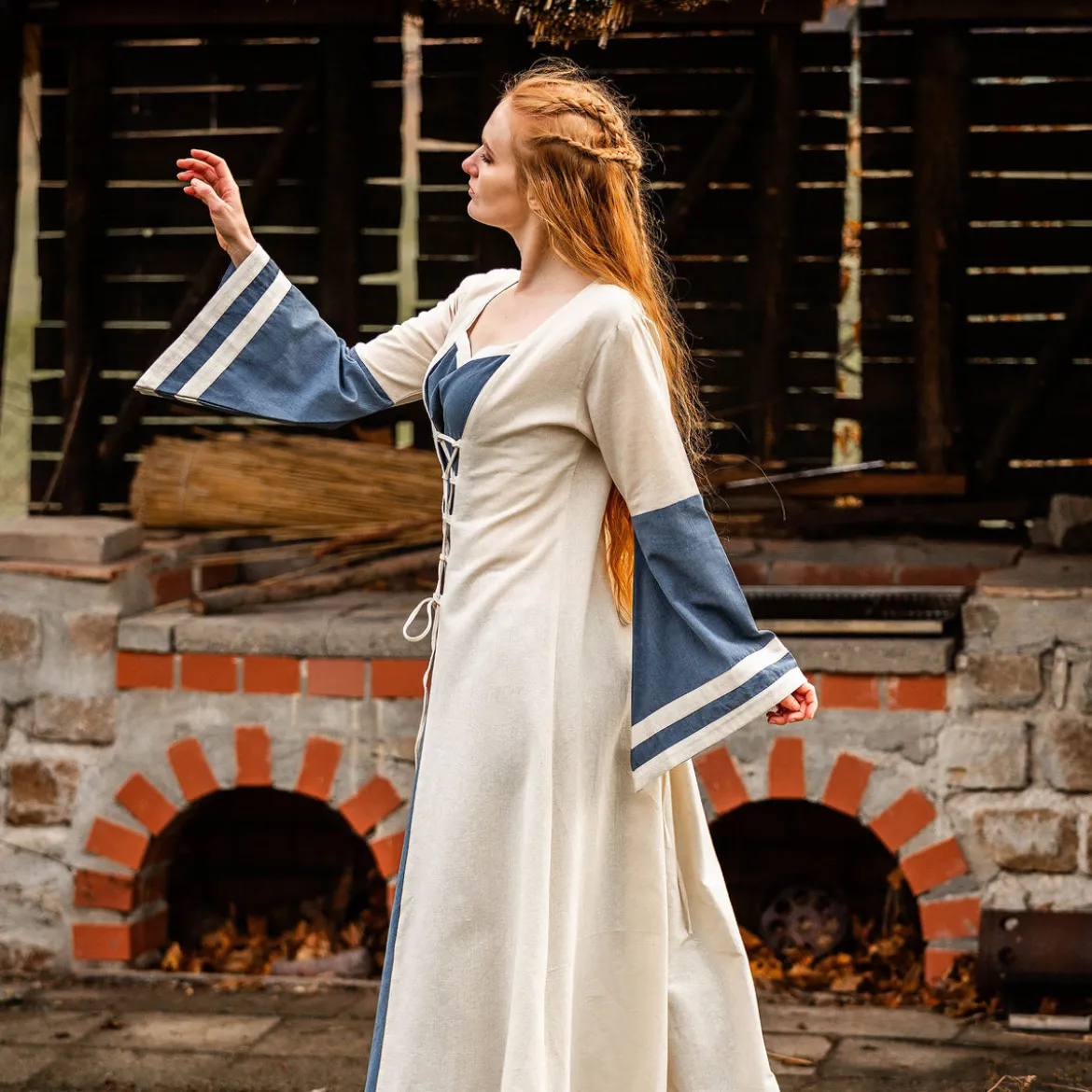 Mittelalter Kleid mit Trompetenärmeln blau-natur