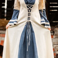 Mittelalter Kleid mit Trompetenärmeln blau-natur