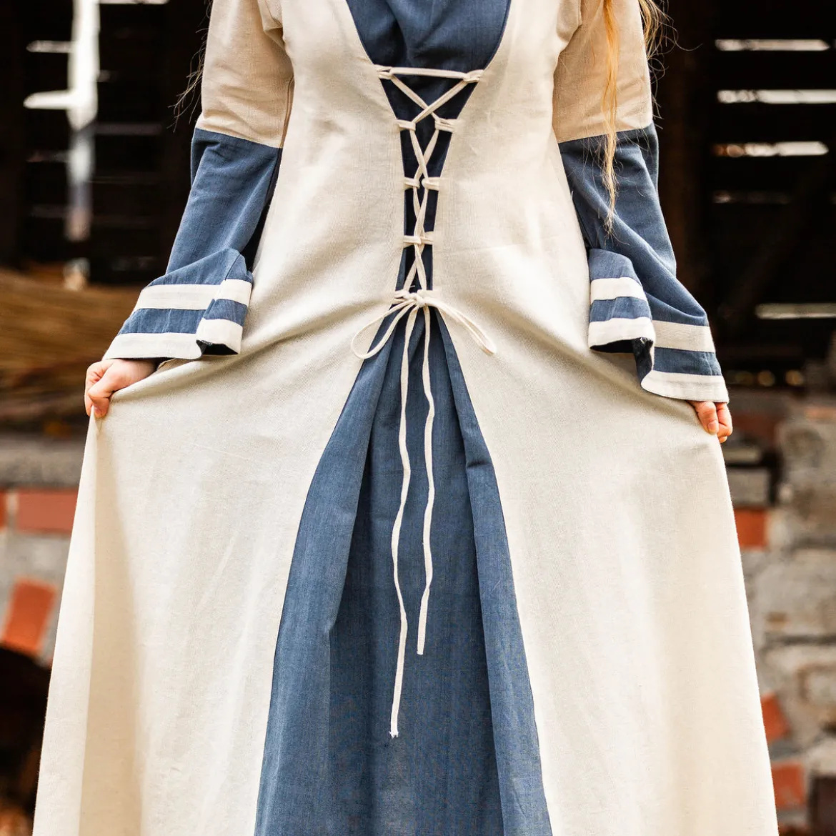 Mittelalter Kleid mit Trompetenärmeln blau-natur