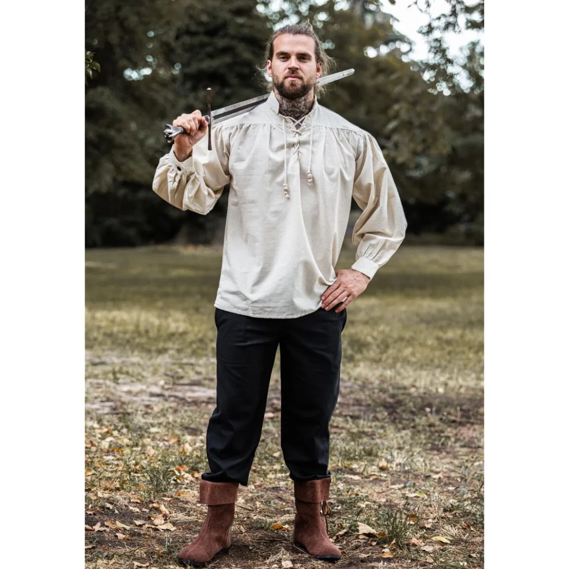 Mittelalter Stehkragen Schnürhemd Bruno beige