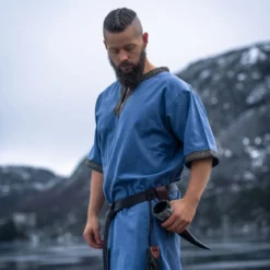 Mittelalter Tunika Kurzarm mit Bordüre blau
