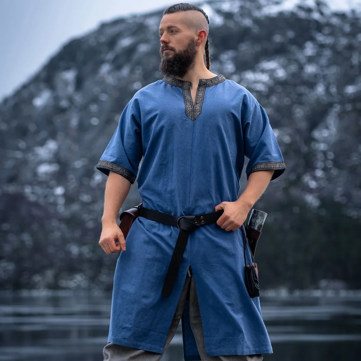 Mittelalter Tunika Kurzarm mit Bordüre blau