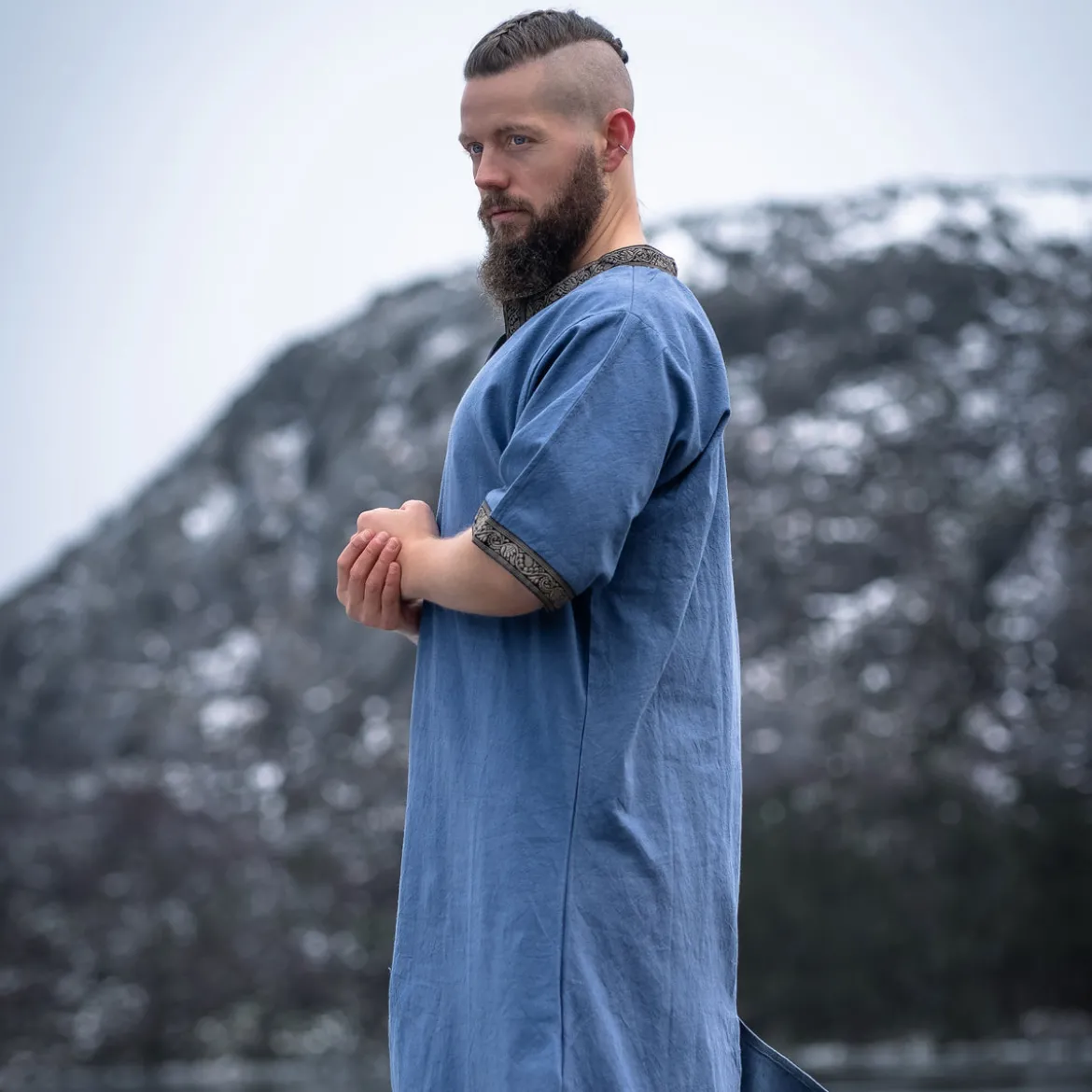 Mittelalter Tunika Kurzarm mit Bordüre blau