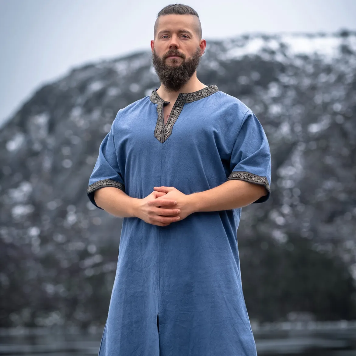 Mittelalter Tunika Kurzarm mit Bordüre blau