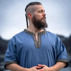 Mittelalter Tunika Kurzarm mit Bordüre blau