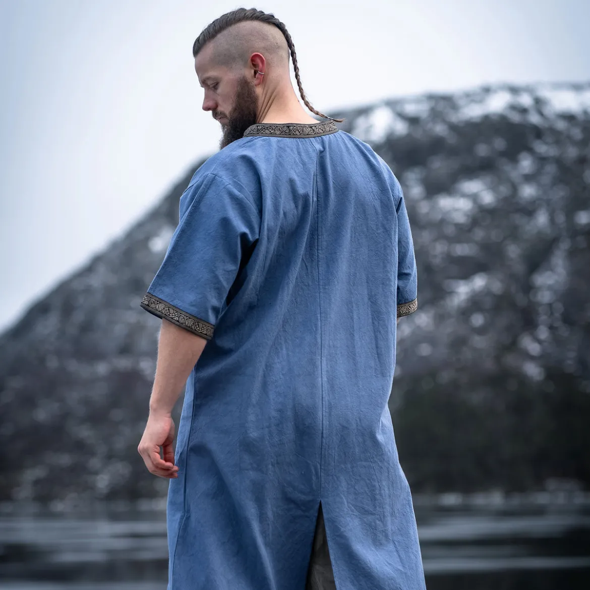 Mittelalter Tunika Kurzarm mit Bordüre blau