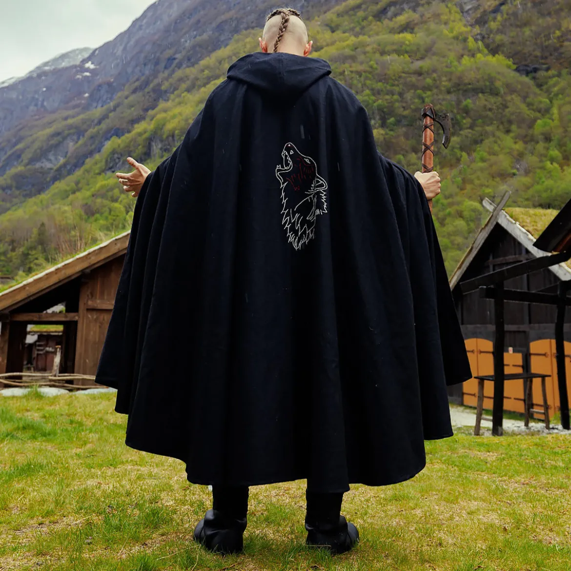 Mittelalter Umhang Alpha mit Wolfsstickerei schwarz
