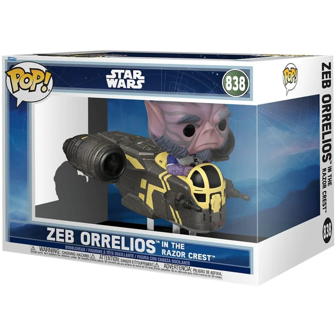 Star Wars: The Mandalorian and Grogu POP! Rides Deluxe Vinyl Wackelkopf-Figur Zeb Orrelios in the Razor Crest 9 cm