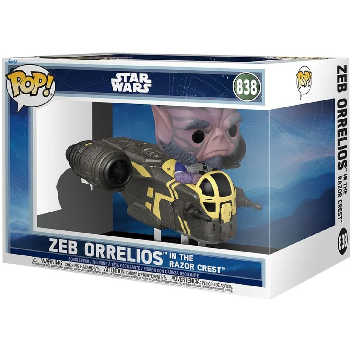Star Wars: The Mandalorian and Grogu POP! Rides Deluxe Vinyl Wackelkopf-Figur Zeb Orrelios in the Razor Crest 9 cm